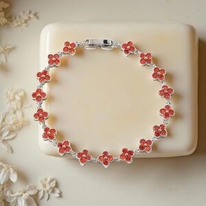 Orange Floral Sparkly Silver Plated Bracelet for small wrist